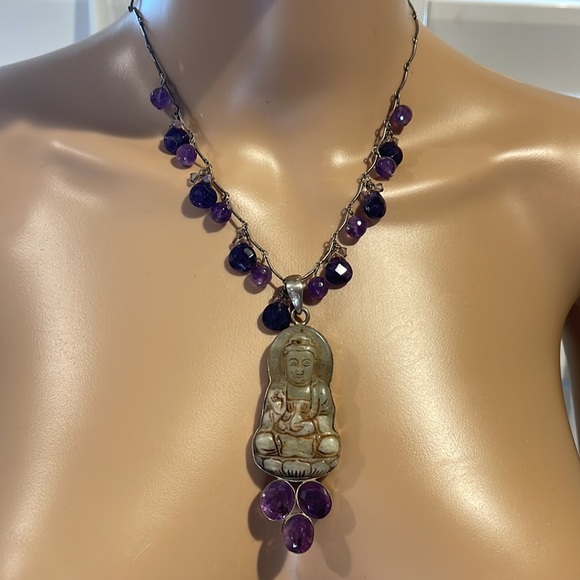 BUDDAH CARVED AMETHYST NECKLACE Soapstone STUNNING statement piece!! - Picture 2 of 7